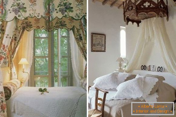 Krevet u stilu Provansa sa nadstrešnicom - fotografije ideja