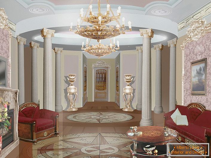 Veličanstveni masivni drveni nameštaj sa bujnim tapacirungom i mali stolić u tonu - uredno opremljena gostinjska soba u baroknom stilu.