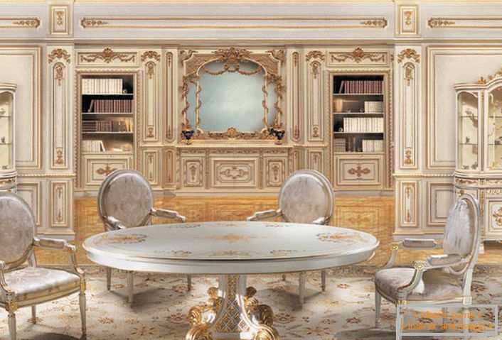 Dizajn projekat u baroknom stilu za veliki dnevni boravak. Drvene stolice i stol su napravljeni u jednom stilu.