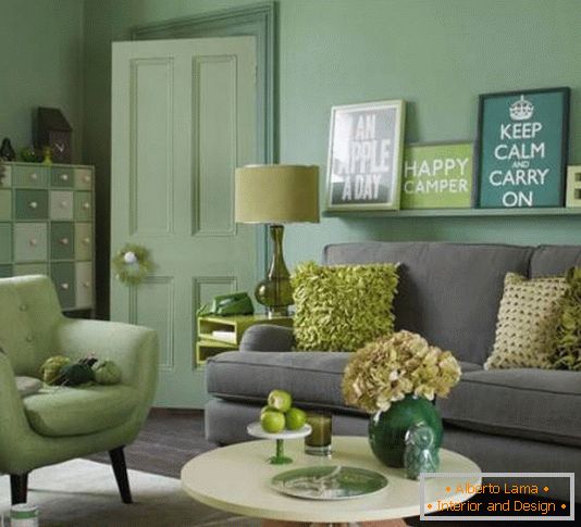 Elegantna dnevna soba u zelenoj i sivoj