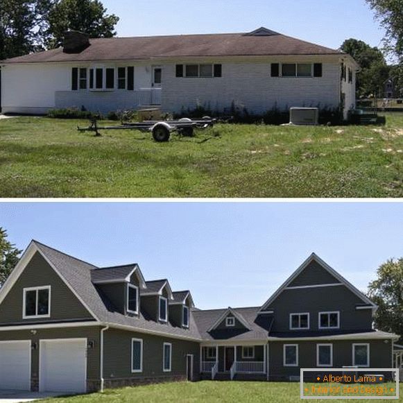 Nadgradnja drugog sprata u privatnoj kući - fotografija fasade pre i posle
