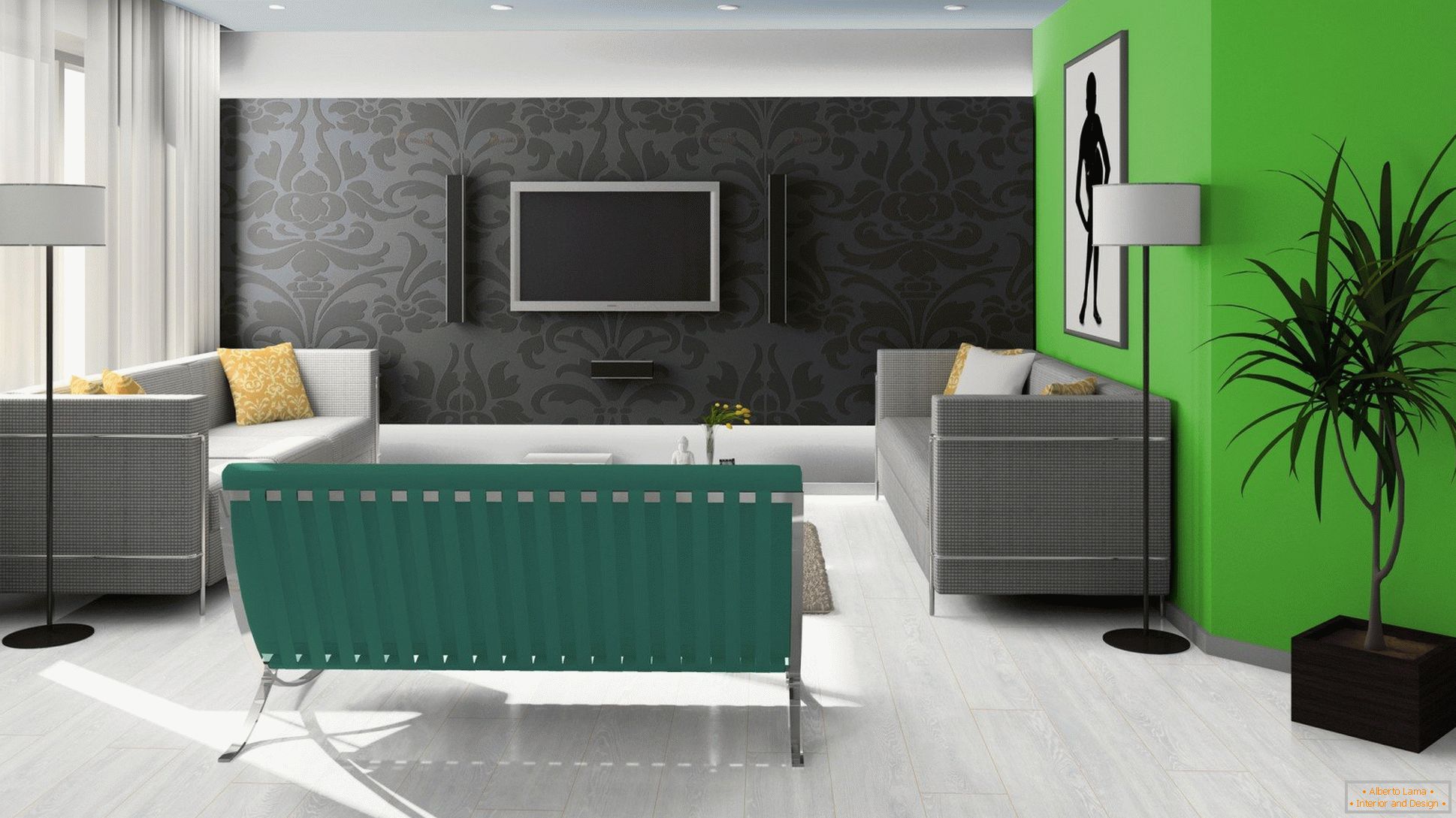 Crno, zeleno i belo u dizajnu dnevne sobe