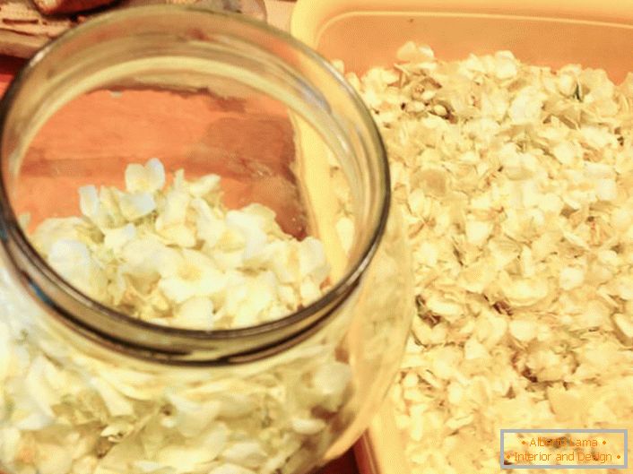 Za pripremu jasminskog sirupa sakupljamo samo bijele latice i, bez dozvole da ih osušimo, dodajte slojeve prelivanjem šećera.