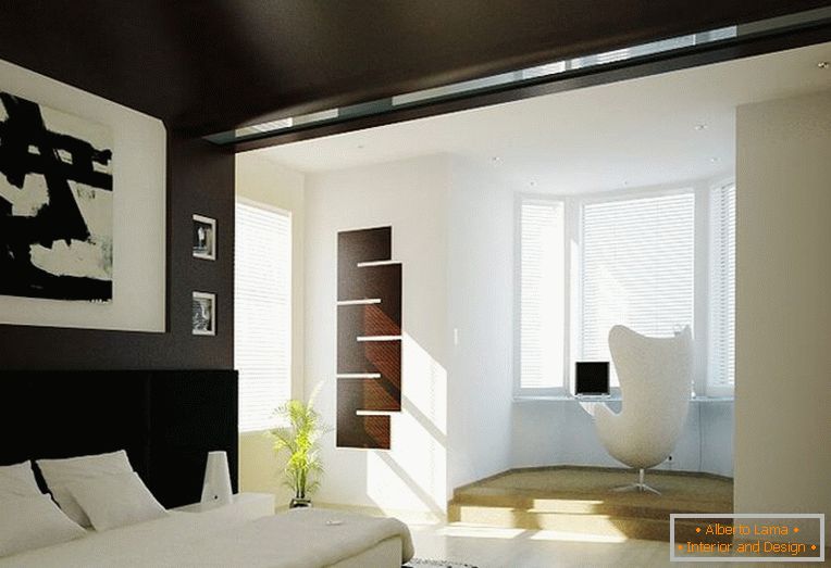 Udobna spavaća soba sa crnim plafonima i zidovima