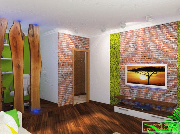 Opeka je pogodno kombinovana sa drvenom dekoracijom dnevne sobe.