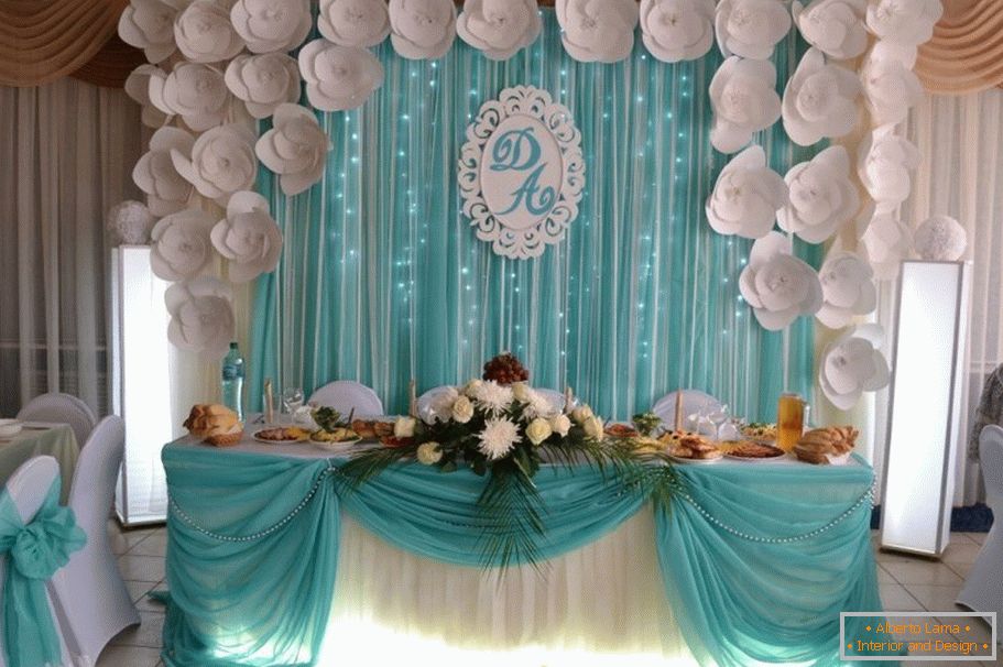Bijele i tirkizne boje u dekoraciji venčane dvorane