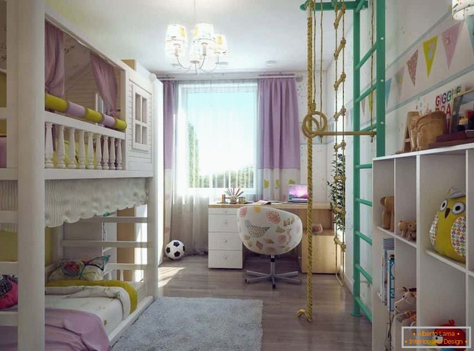 Dječija soba u Hruščovu sa dva kreveta i švedskim zidom
