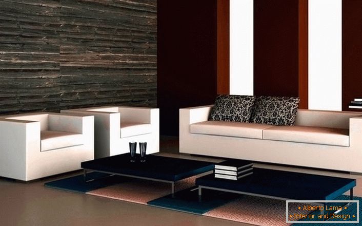 Dizajn projekat dnevne sobe u visokotehnološkom stilu. Lakonski sofa sa dve fotelje harmonično izgledaju u minimalističkom stilu. 