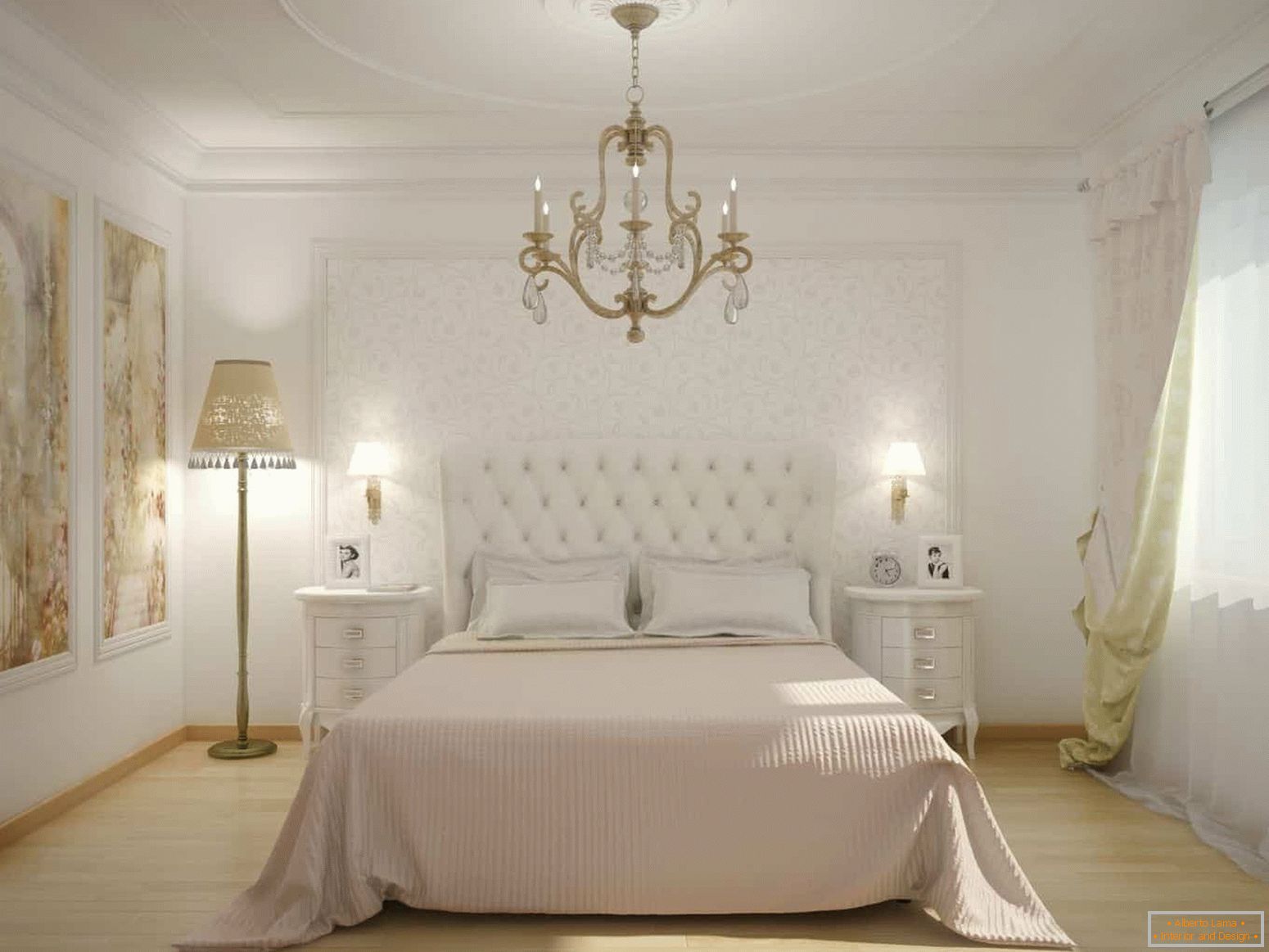 Klasična bela spavaća soba sa panelom na zidu