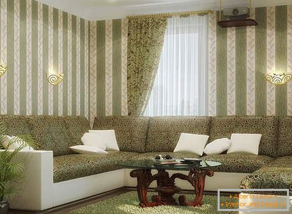 Dizajn dnevne sobe u privatnoj kući u bijeloj i zelenoj boji