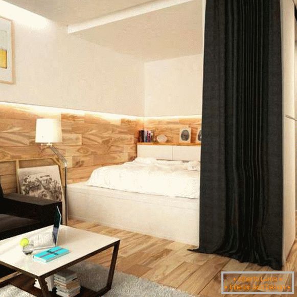 Unutrašnji dizajn malog stana - odvajanje spavaće sobe sa zavjesama