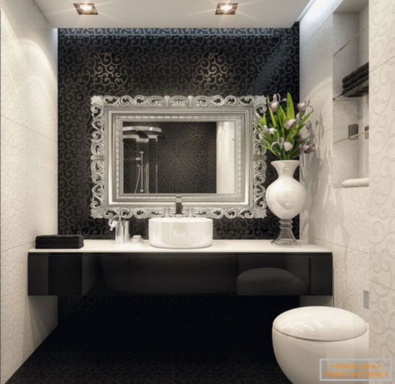 prekrasno-enterijerno-dizajniran-s-malim sobama-sa-crnim i bijelim-kupatilom-dekoracija-takođe-sijalicama