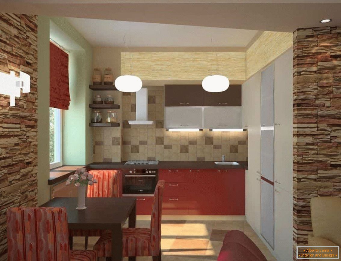 Vještački kamen u dekoraciji zidova u dnevnoj sobi u kombinaciji sa kuhinjom u Hruščovu