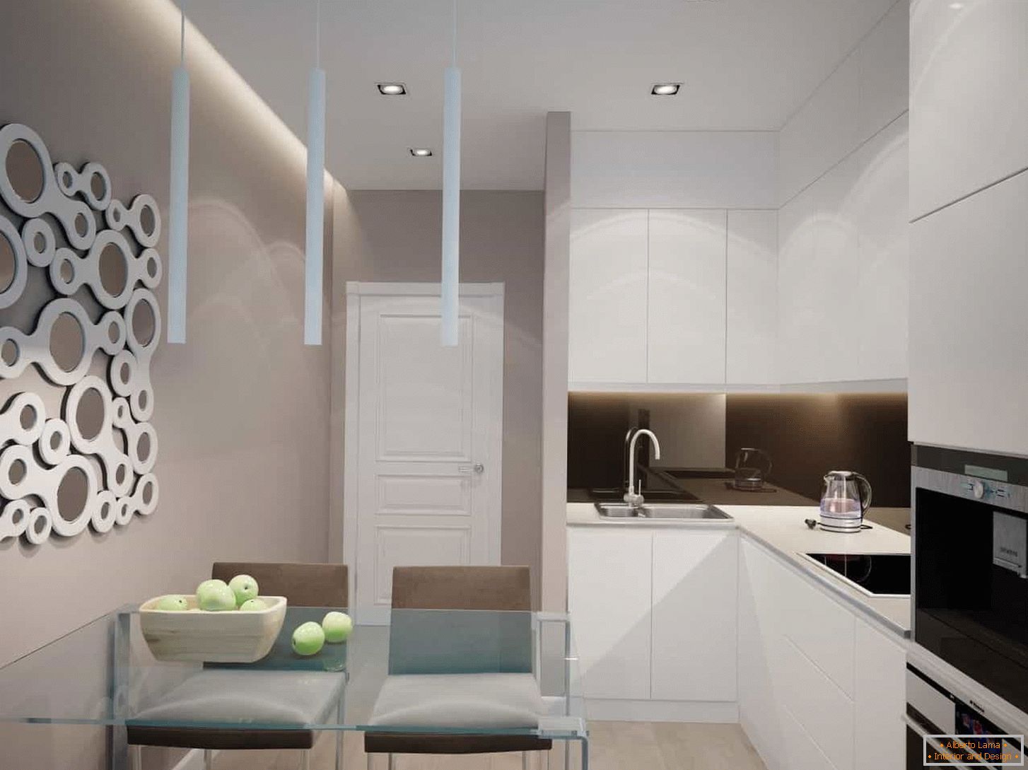 Kuhinja bela u modernom stilu sa ugrađenim aparatima