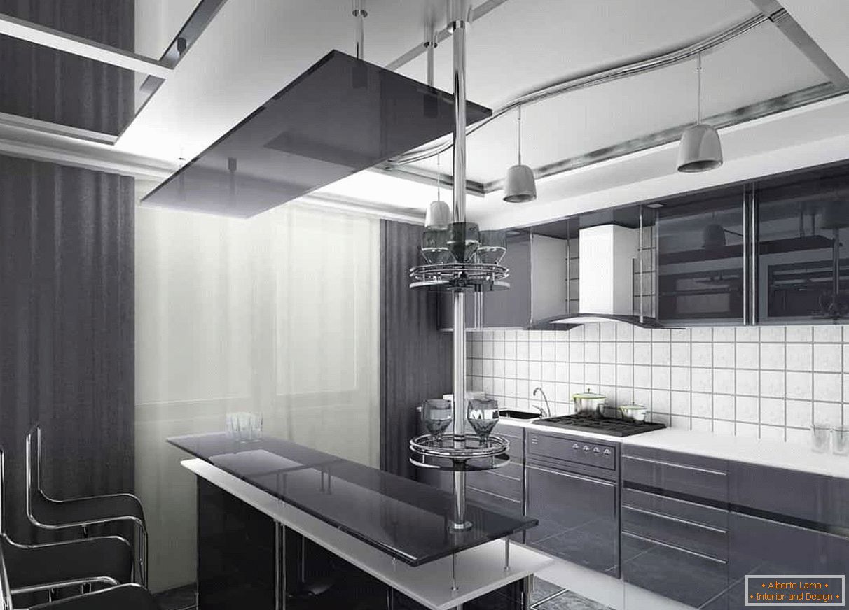 Tamne zavese i tamna fasada kuhinje u kombinaciji sa bijelim prednjim i plafonskim plafonom