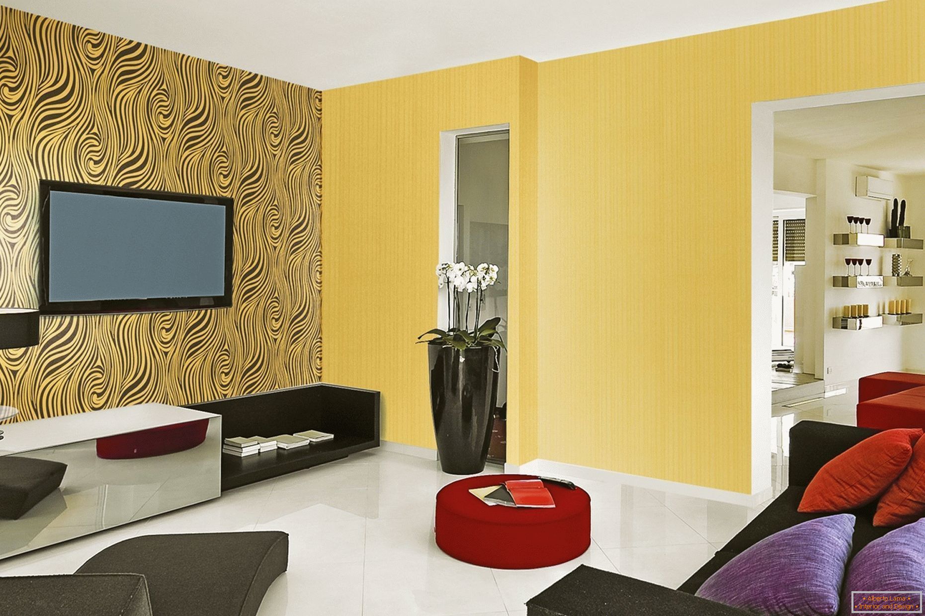 Žuti zidovi i beli sprat u dnevnoj sobi