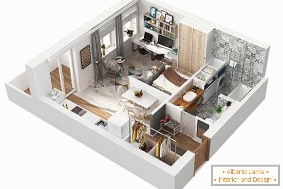 Plan 3D projekat jednosobnog apartmana 40 m2