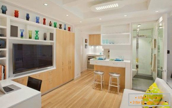 Dnevni boravak, kuhinja i kupatilo u dizajnu apartmana 40 m2 m
