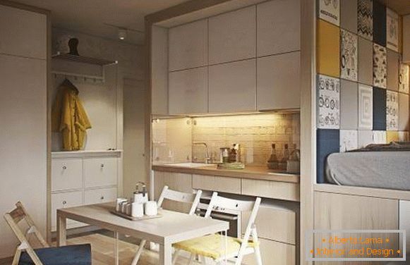 Moderan dizajn jednosobnog apartmana od 40 m2 M - fotografija kuhinje i spavaće sobe