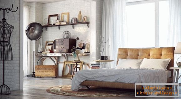 Vintage spavaća soba sa kožnim krevetom