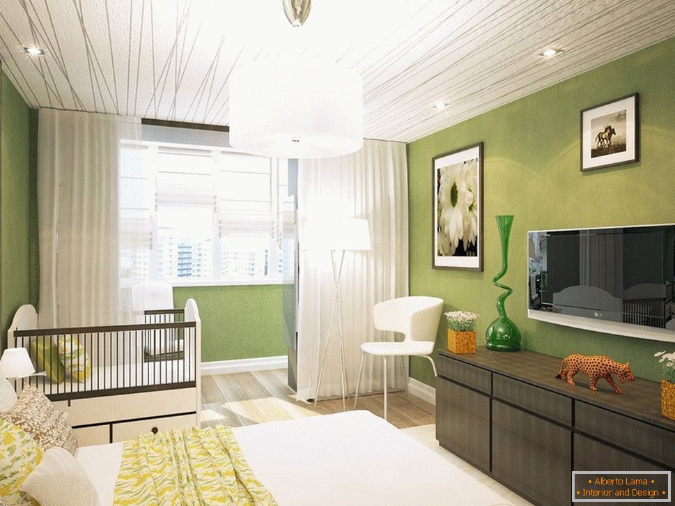 Svetlo zelena spavaća soba sa izlazom na balkon