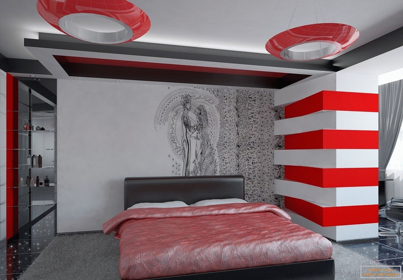 Svetle boje u unutrašnjosti spavaće sobe u stilu visoke tehnologije