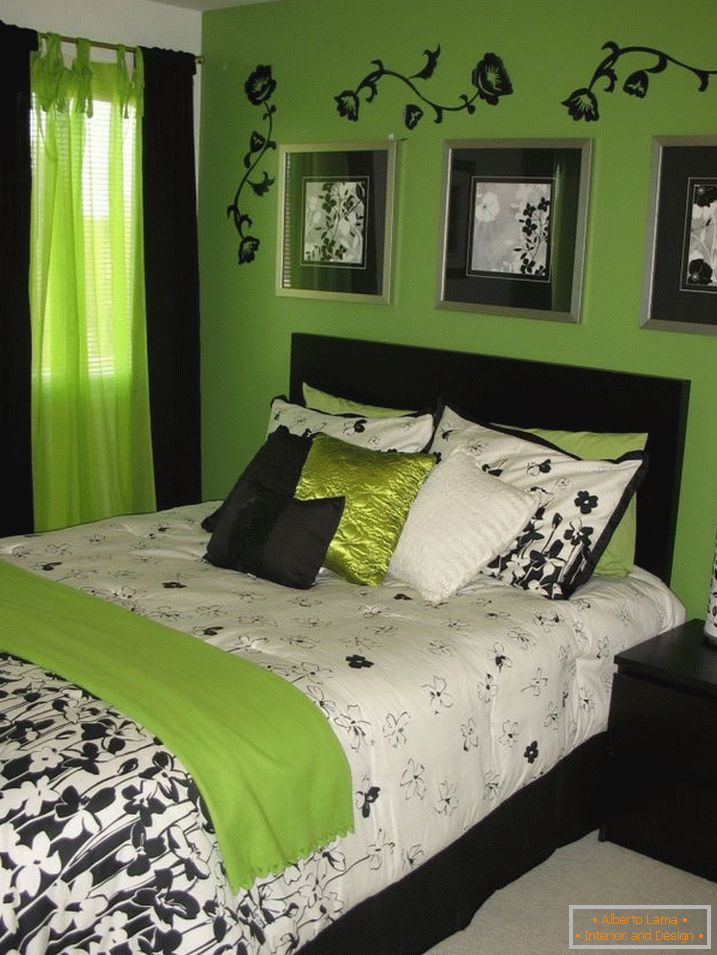 Kombinacija zelene i crne u unutrašnjosti spavaće sobe