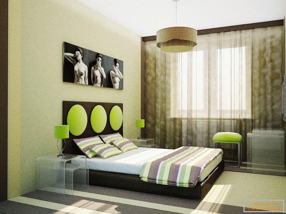 Neobičan dizajn spavaće sobe u bež zelenim bojama