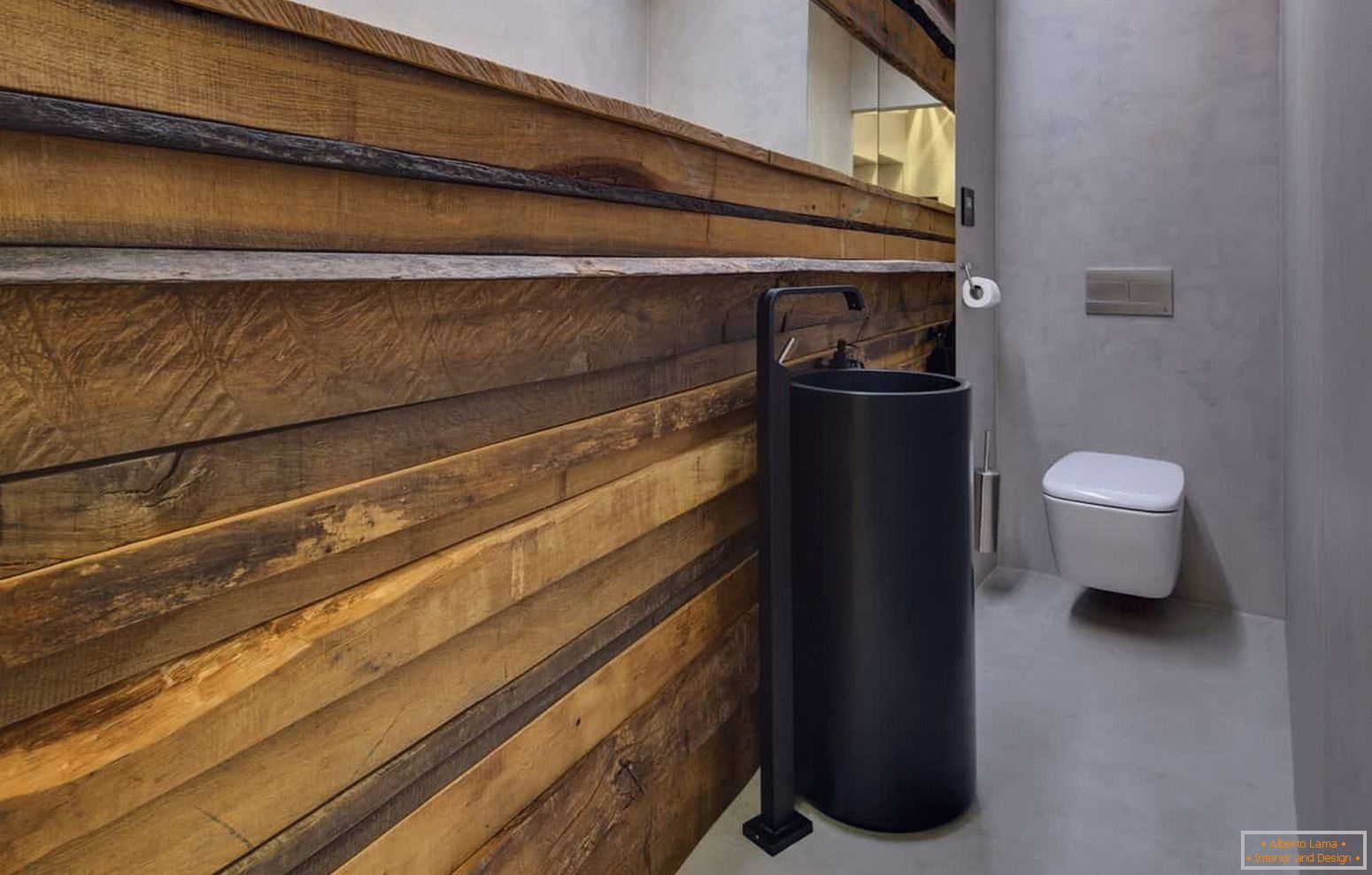 Moderan dizajn malih toaleta u ekološkom stilu sa neobičnom školjkom