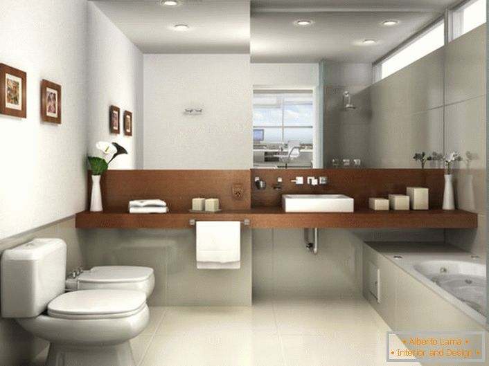 Kupaonica u stilu minimalizma je ukrašena svetlosivim nijansama. Pogled privlači veliki ogledalo, koji zauzima ceo zid iznad umivaonika.