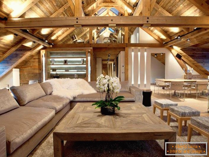Potkrovlje je ogromna gostinjska soba, koja je uređena u stilu planinarskog doma.