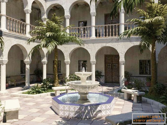 Najbolja dekoracija za dvorište u mediteranskom stilu je fontana. Elegantna, višeslojna fontana male dimenzije u rekreativnom delu.