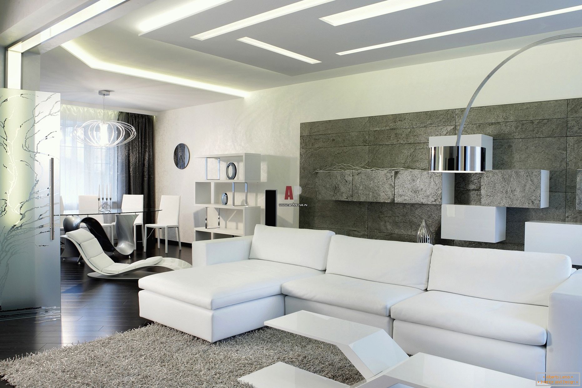 Bijeli unutrašnjost gostiju u sobi u minimalističkom stilu je vredna pažnje za savremeni, hrabar dizajn sa savjetima visokotehnološkog karaktera.