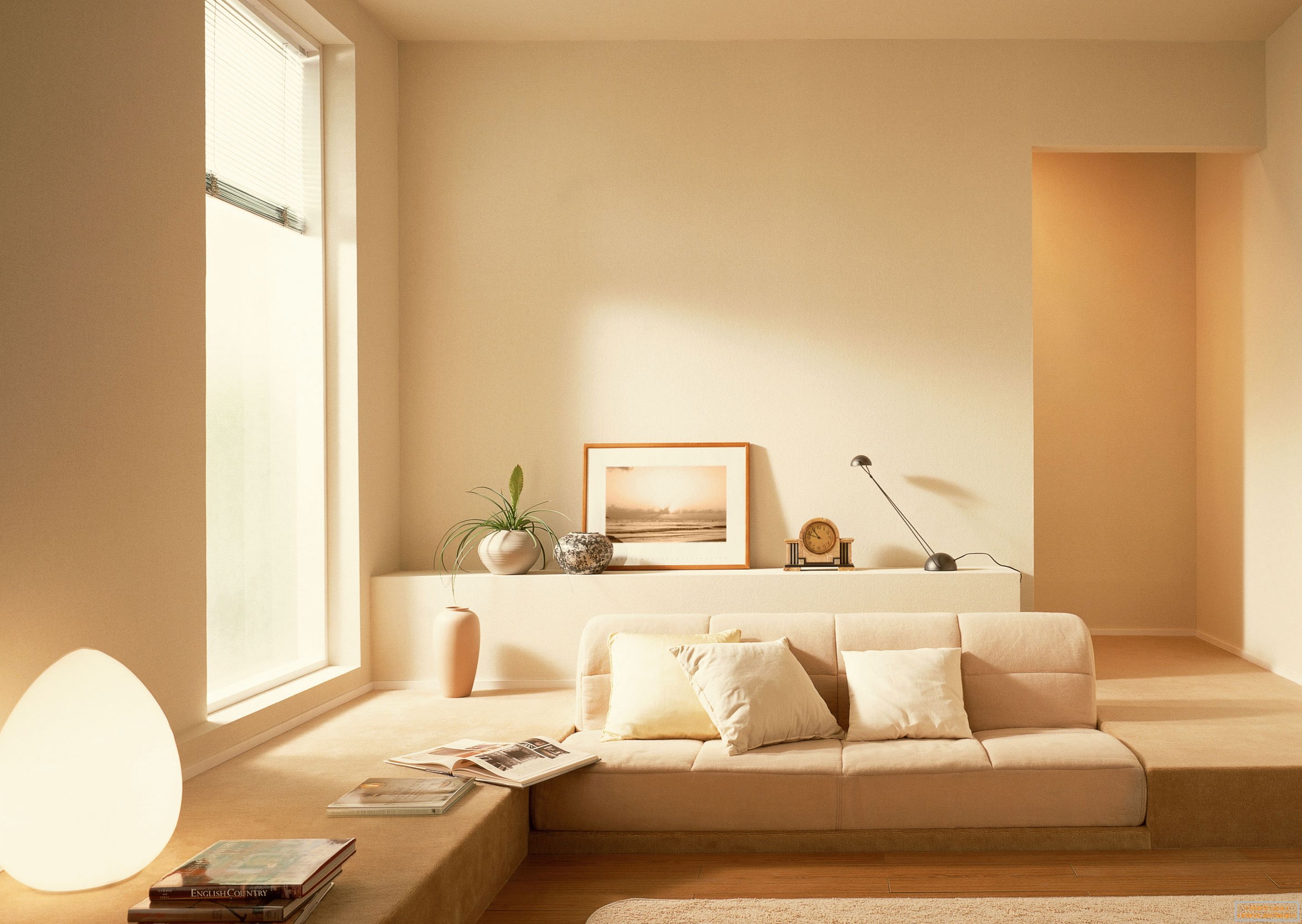 U skladu sa stilom minimalizma, za organizovanje enterijera dnevne sobe koristi se mirna bež boje.