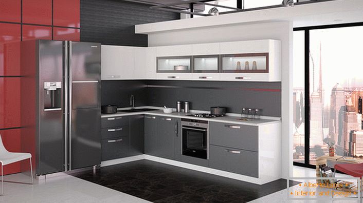 Modularni nameštaj u kuhinji u stilu visokotehnologije. Uspešno rešenje za organizovanje kuhinjskog prostora. 