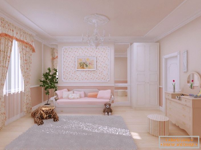 Lepa dečija soba je uređena u stilu države. Za dekor se takođe koristi štuk od poliuretana. 