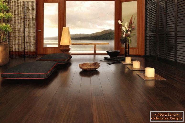 cool-dark-hardwood-floor-with-otoman-for-living-room-japanese-style-furnished-natural-plant-and-lantern-lamp-as-decoration ceiling-design-awesome-japan -Škole-kako
