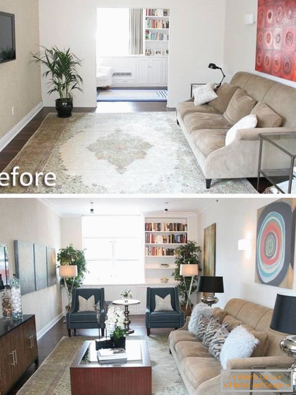 Fotografija dnevne sobe u privatnoj kući pre i posle