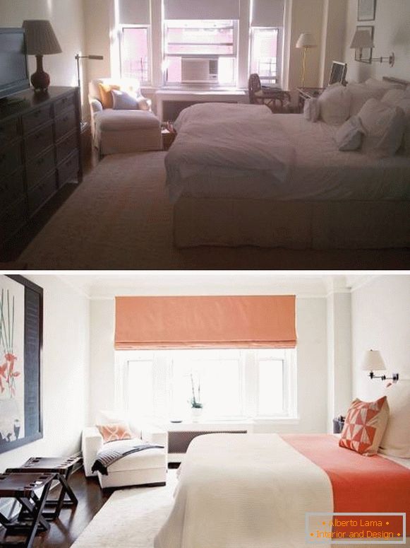 Novi svetli dizajn spavaće sobe pre i posle fotografije