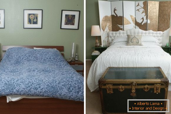 Unutrašnjost spavaće sobe u privatnoj kući pre i posle popravke