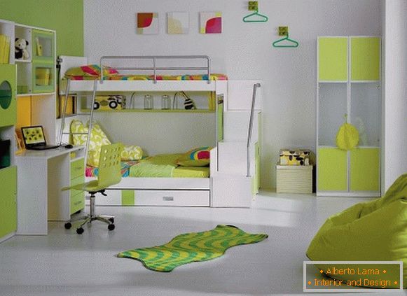 Moderan dizajn unutrašnjosti dečije spavaće sobe u svetlo zelenoj boji