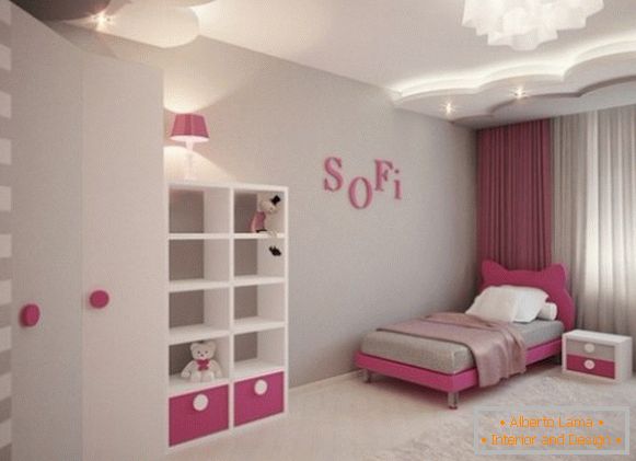 просторный серо-розовый unutrašnjost dečije spavaće sobe