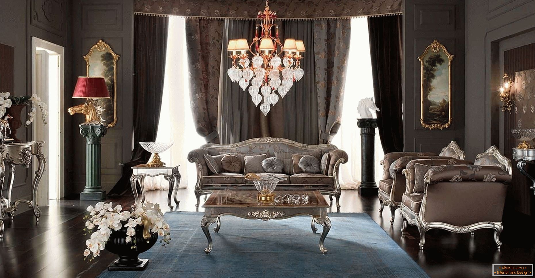 Dizajn dnevne sobe u tamnoj boji u klasičnom stilu