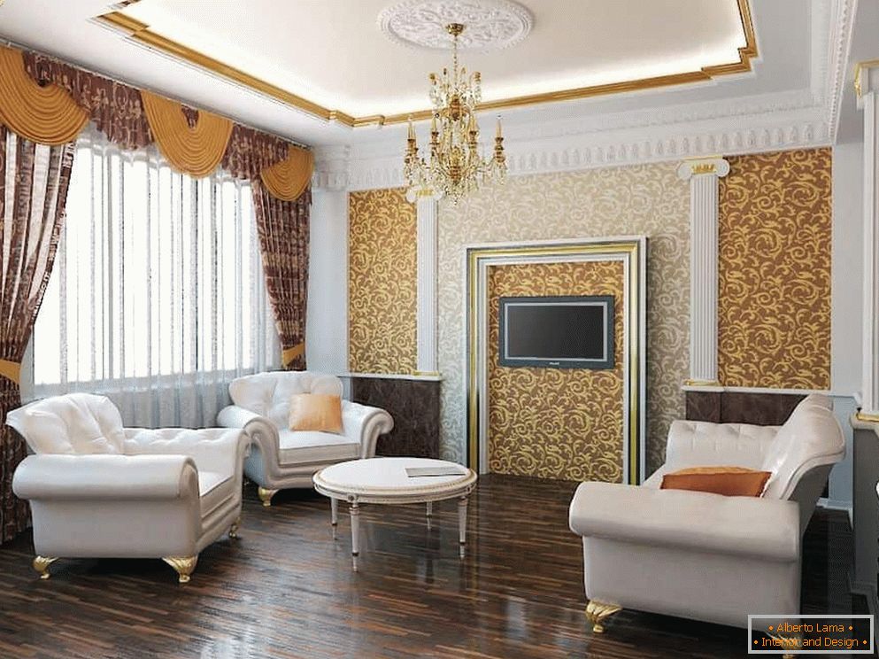 Zavese u dizajnu dnevne sobe u klasičnom stilu