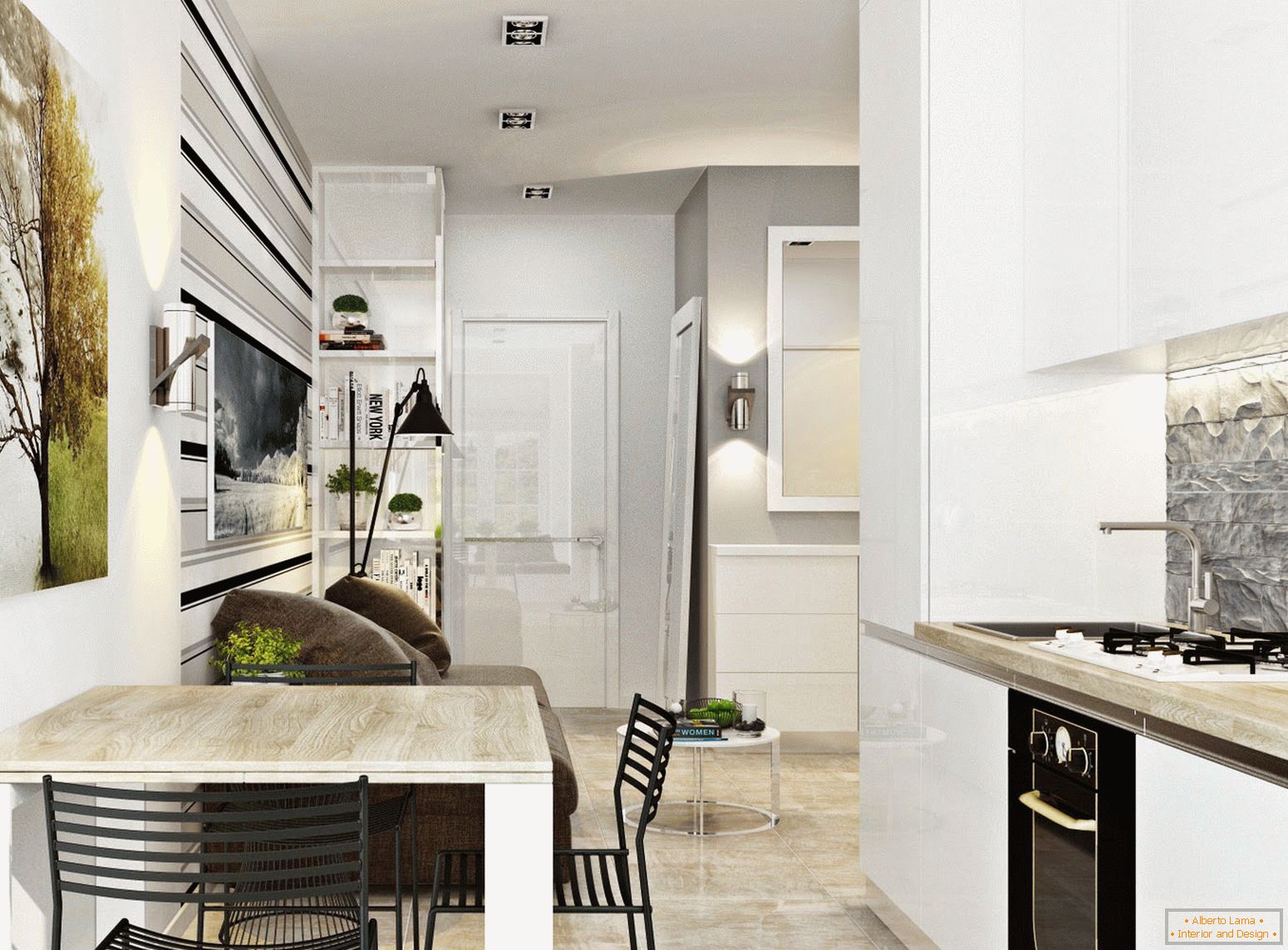 Unutrašnjost kuhinje i trpezarije u stilu bijelog minimalizma