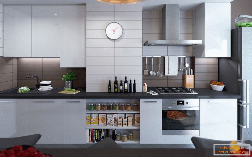 Unutrašnjost malog apartmana u svetlim bojama - дизайн кухни