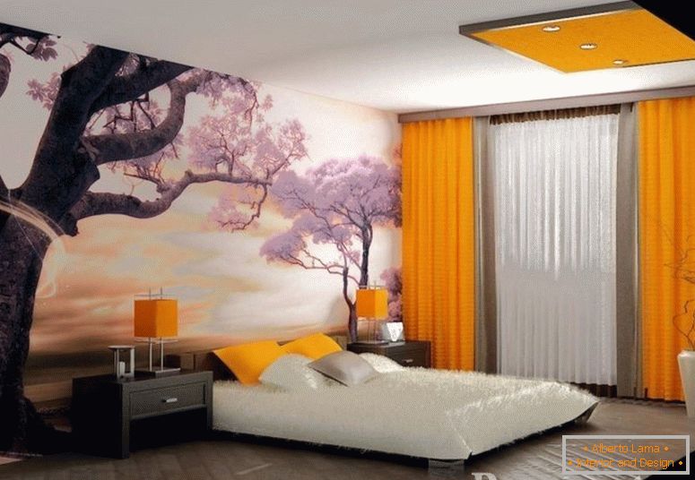 Foto pozadine sakura i narandžaste zavese u spavaćoj sobi