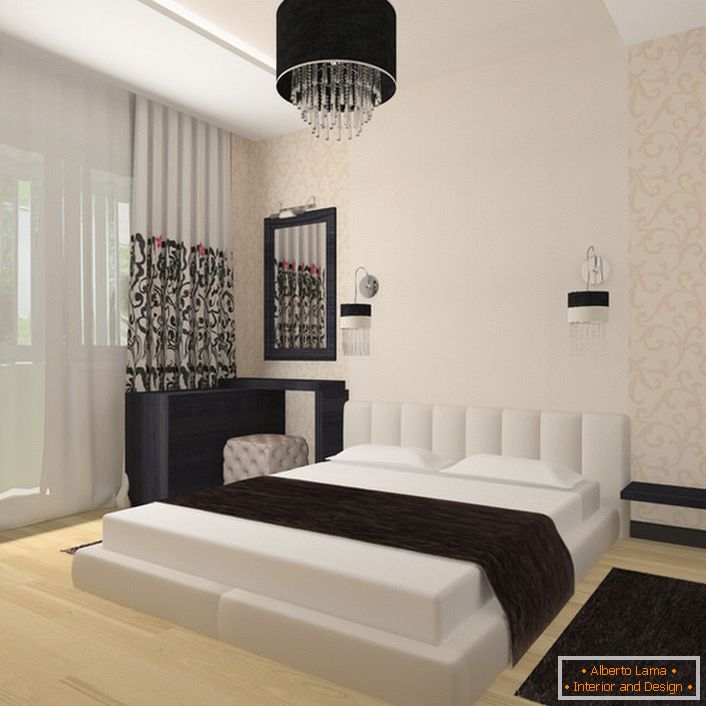 Odličan primer činjenice da dizajn spavaće sobe u stilu Art Nouveau ne bi trebalo da bude opterećen i preopterećen malim stvarima. Prostrana soba sa minimalnim brojem dekorativnih elemenata izgleda vredno u potpunosti.