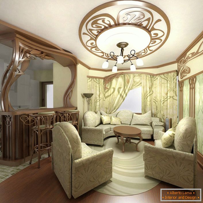 Izvanredan namještaj za malu dnevnu sobu u stilu Art Nouveau u gradu u Moskvi.