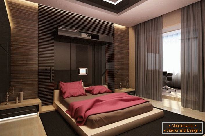 Prostrana spavaća soba u stilu minimalizma. Odlučna odluka o dizajnu.